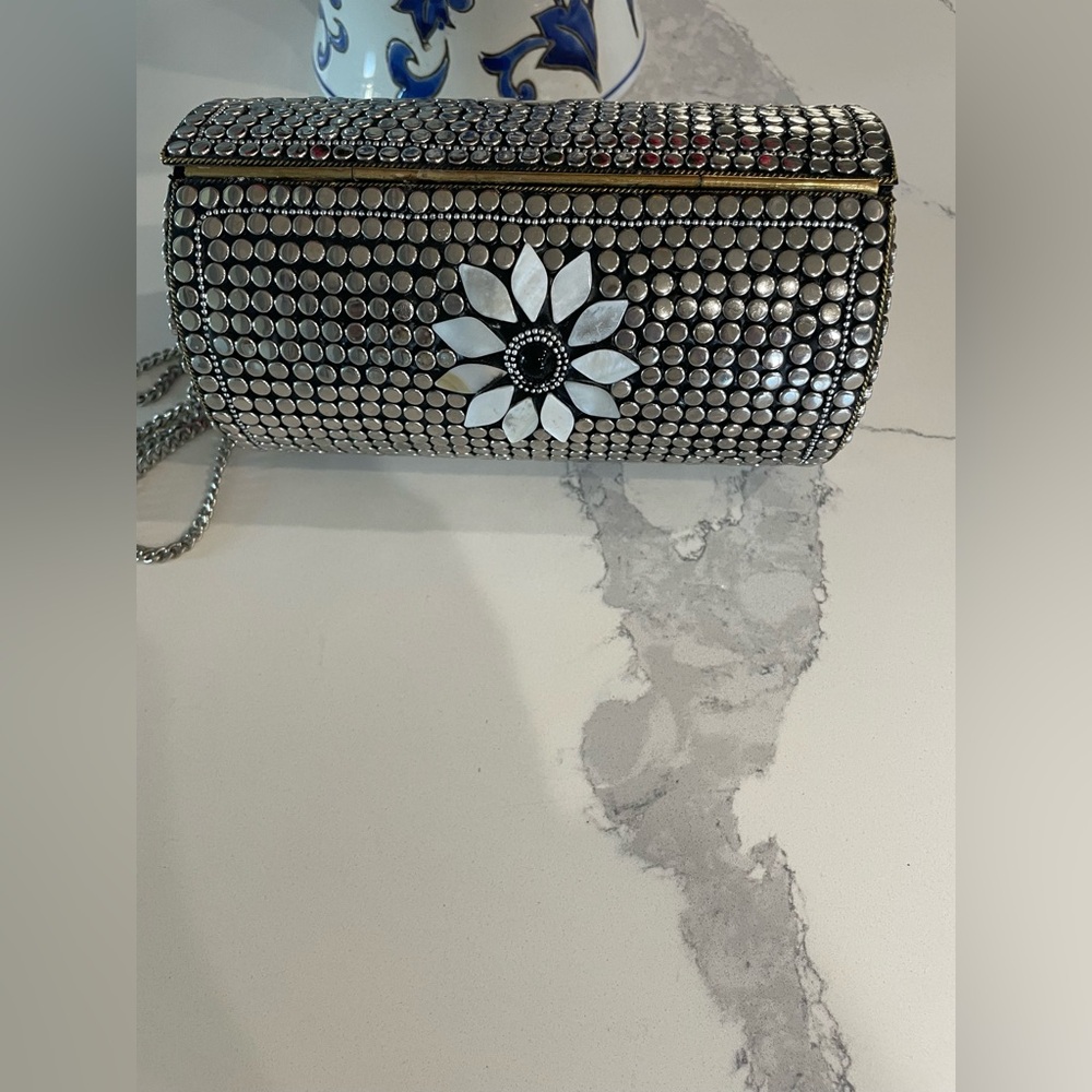 Unique Antik Kraft Mother of Pearl Cylinder Tube Floral Clutch Purse - Picture 4 of 10